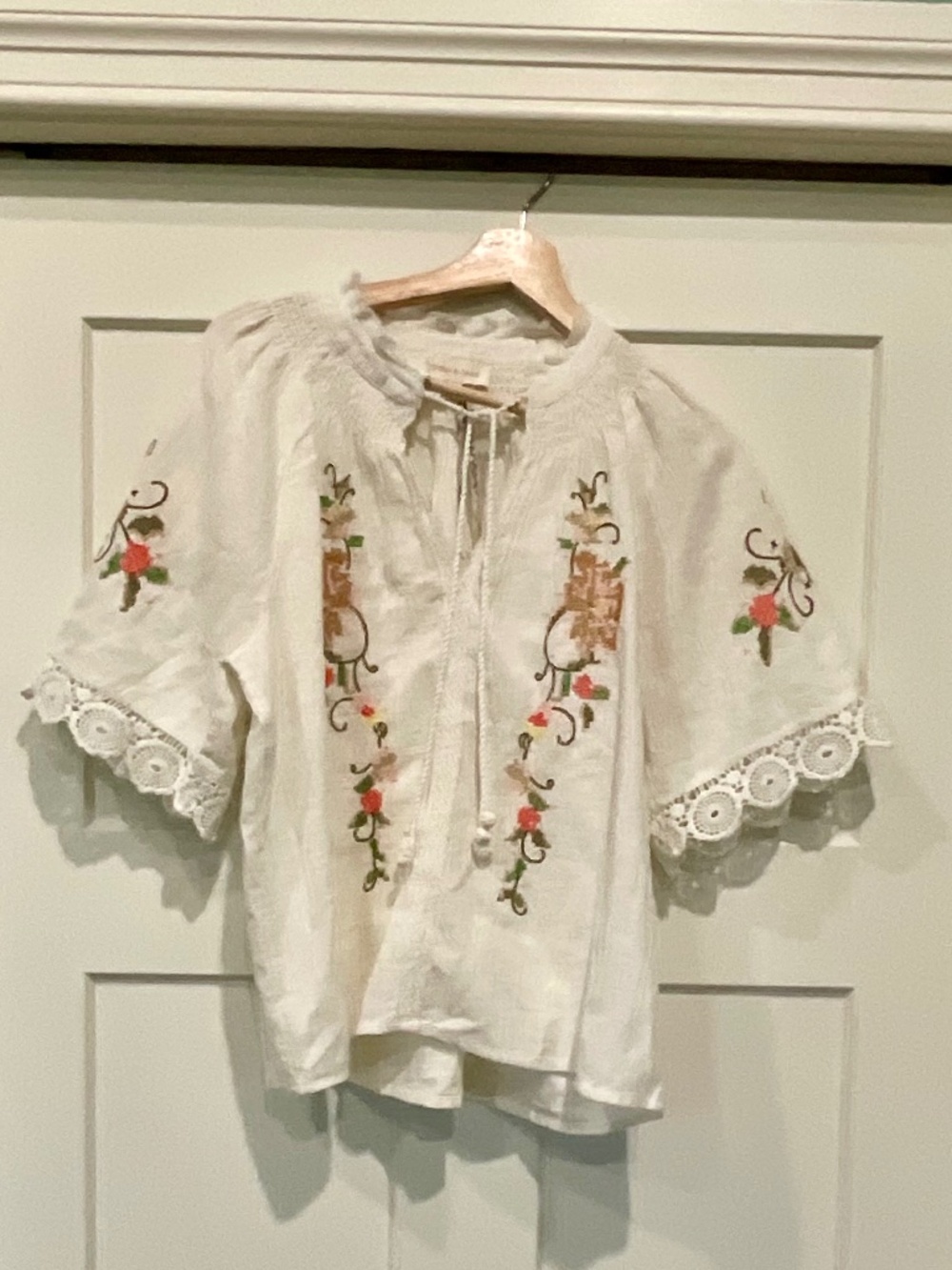 Jennifer & Grace Embroidered Peasant Blouse w/ Floral Accents Crocheted Trim - Picture 14 of 14